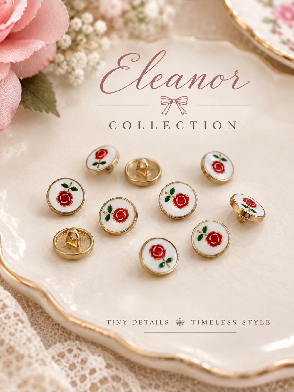 Eleanor Collection Tiny vintage style Rose Shank Buttons.